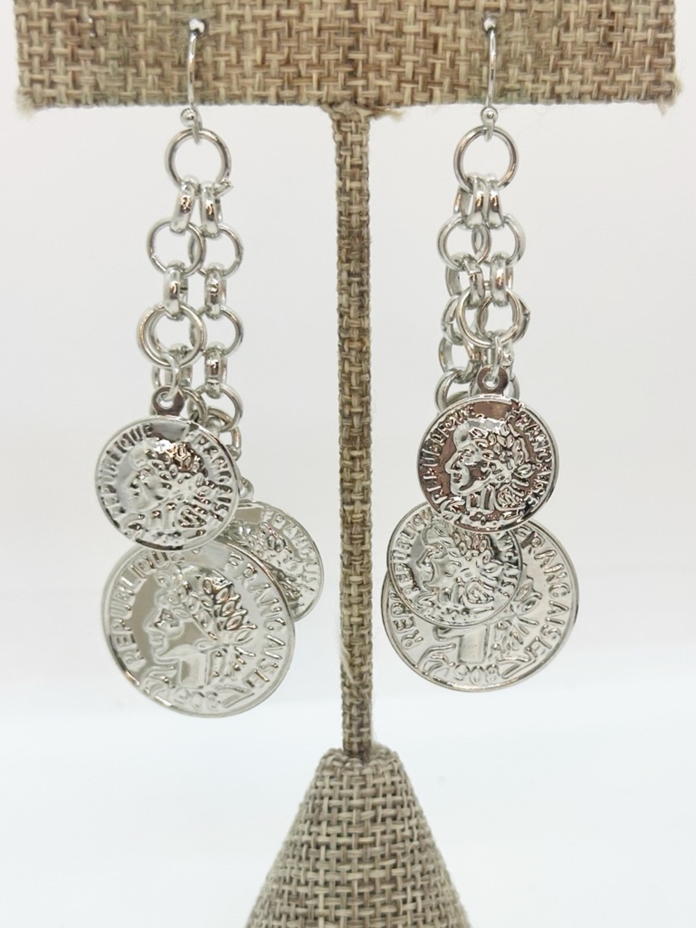 Silver Tone Coin Drop Chain Earrings Women Boho Jewelry